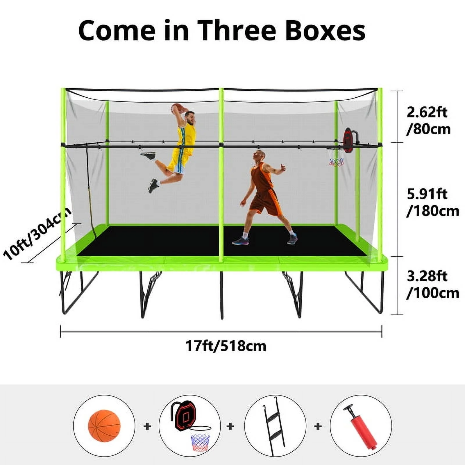 Voqoomkl Rectangle Trampoline with Basketball Hoop for Kids and Adults, Green, 204.00" x 120.00" x 141.00" - image 6