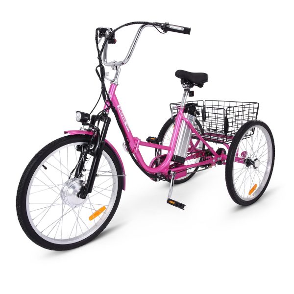 Electric Tricycle for Adults, 7 Speeds Folding Electric Trike, 24 Inch 3 Wheel Motorized Bicycle w/ 36V 10Ah Removable Battery, E Trikes with Large Basket, 330 Loading Capacity, 250W Motor, Pink - product image 1