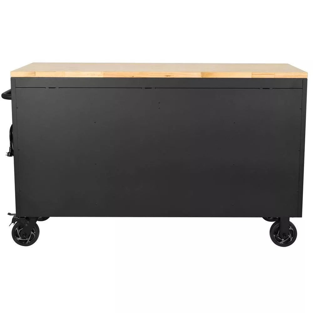 61 Inch 15 Drawer Mobile Workbench - Heavy Duty Steel Tool Cabinet with Wood Top and Power Strip - product image 6