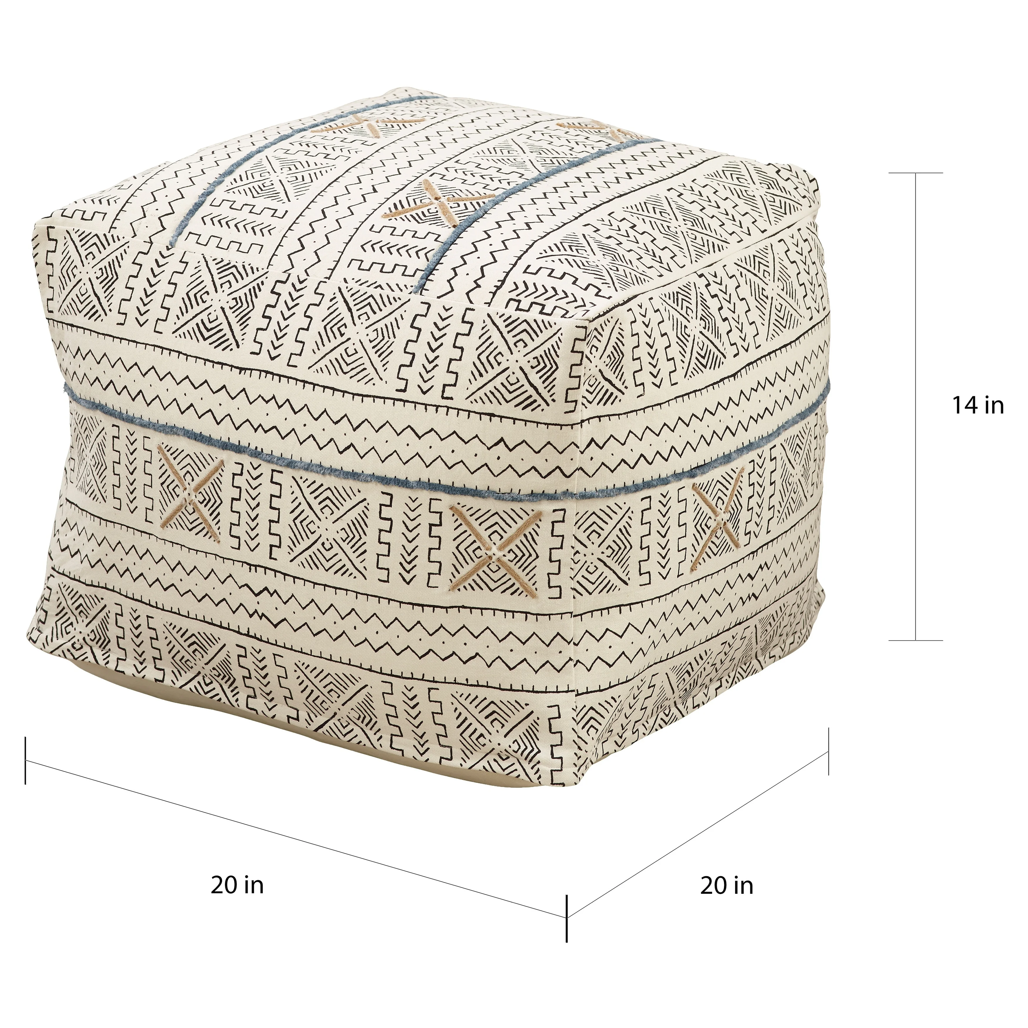 Saro Lifestyle PU663.W 20 x 20 x 14 in. Abstract Design Mudcloth Pouf, White - image 4