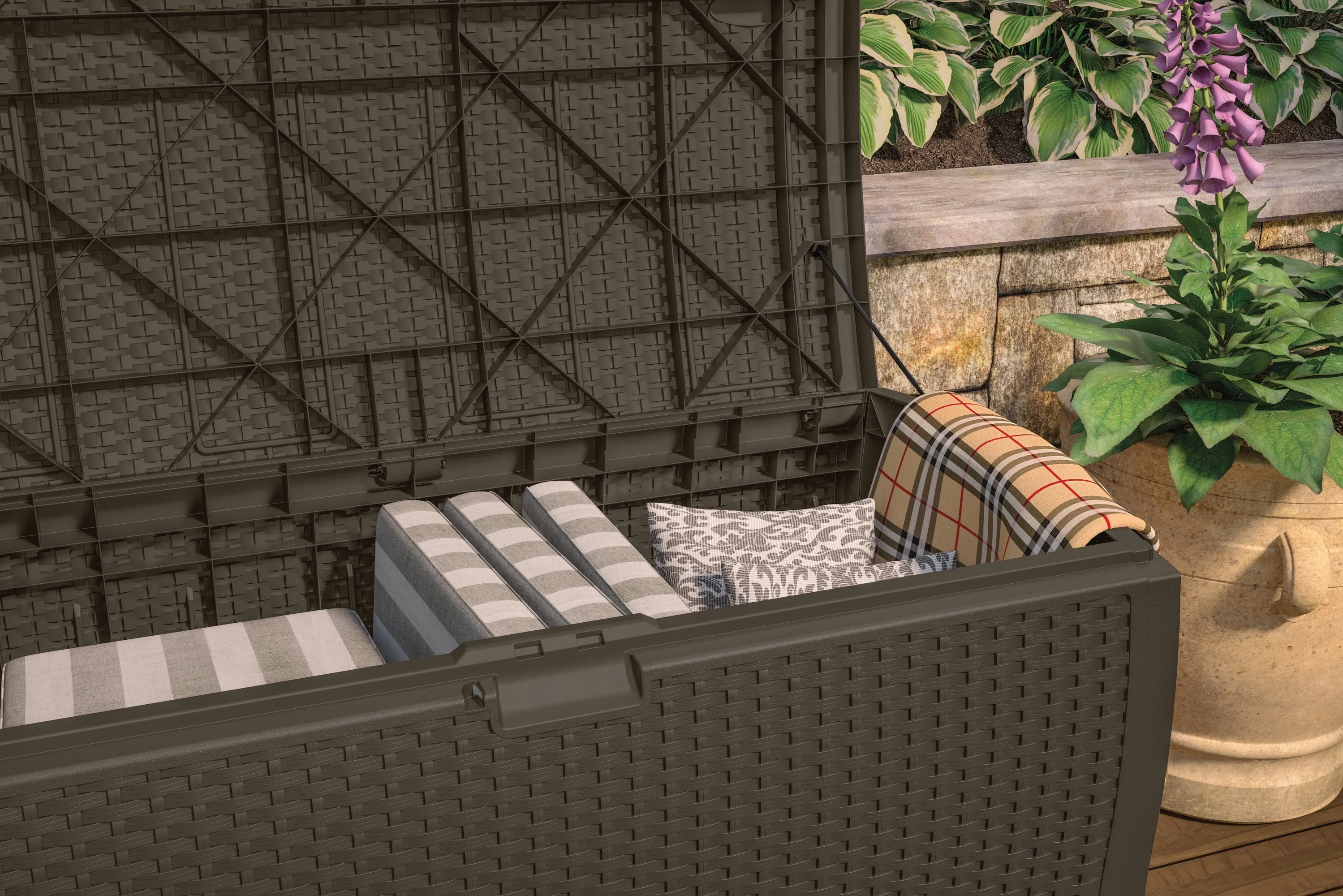 Suncast Resin 99-Gallon Deck Box - Mocha Brown - DBW9200- 52 in D x 27.5 in H x 27.6 in W - image 8