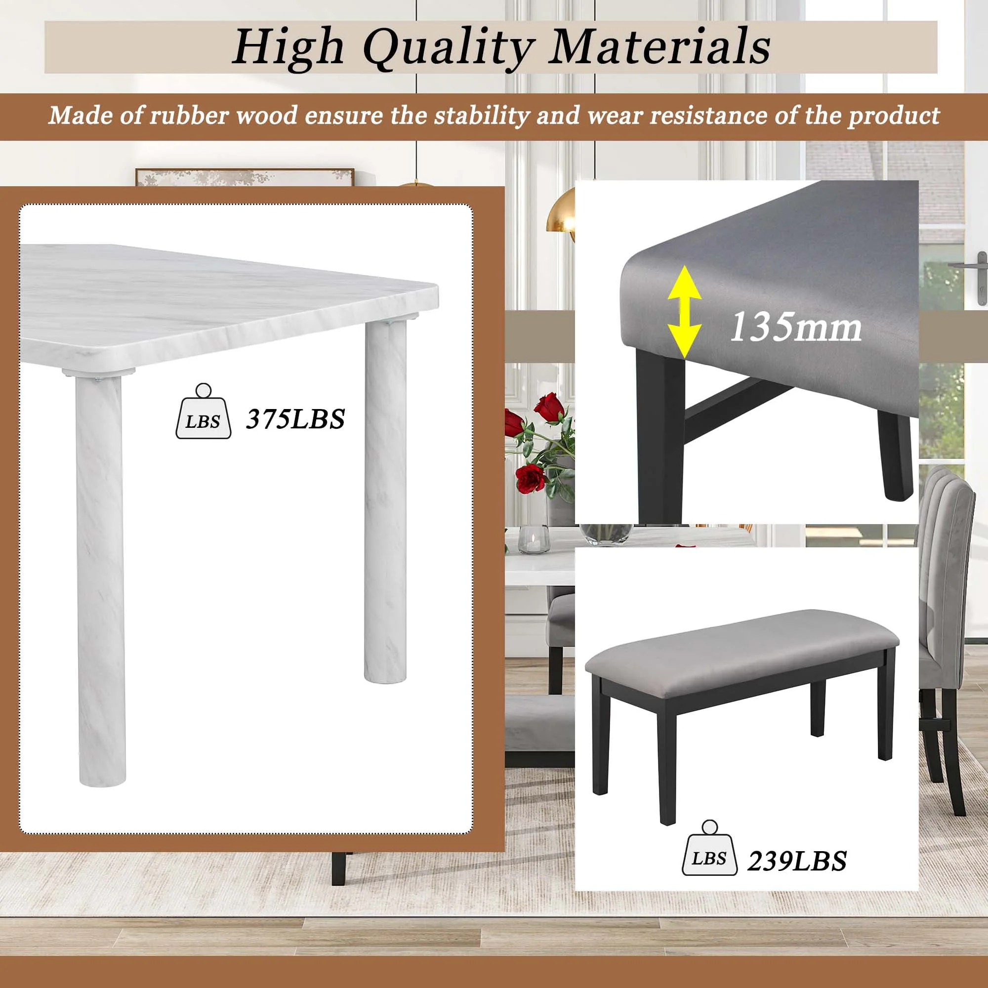 Set of 6 Marble Sticker Dining Table and 4 Velvet Upholstered Dining Chairs and Bench (White+Grey) Dimensions Table: 60"L x 36"W x 30"H Chair: 19.3"L - image 2