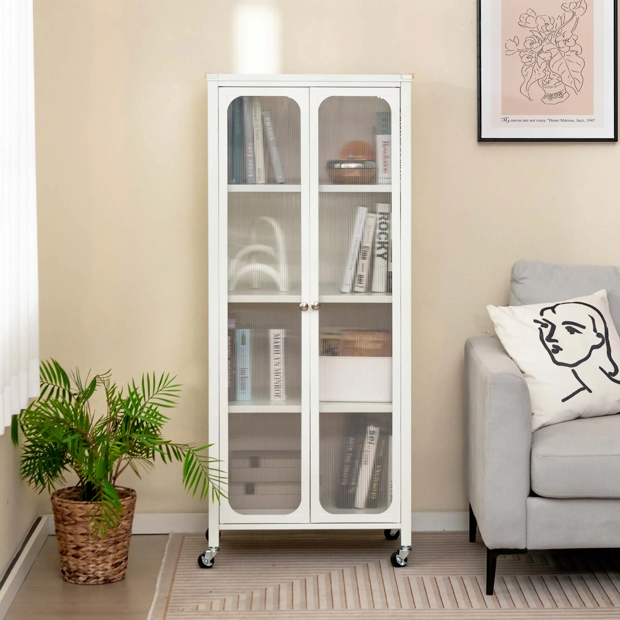 Costway Storage Cabinet with Wheels & 2 Translucent Doors Adjustable Shelves Sideboard 24" x 14.5" x 58" - image 2