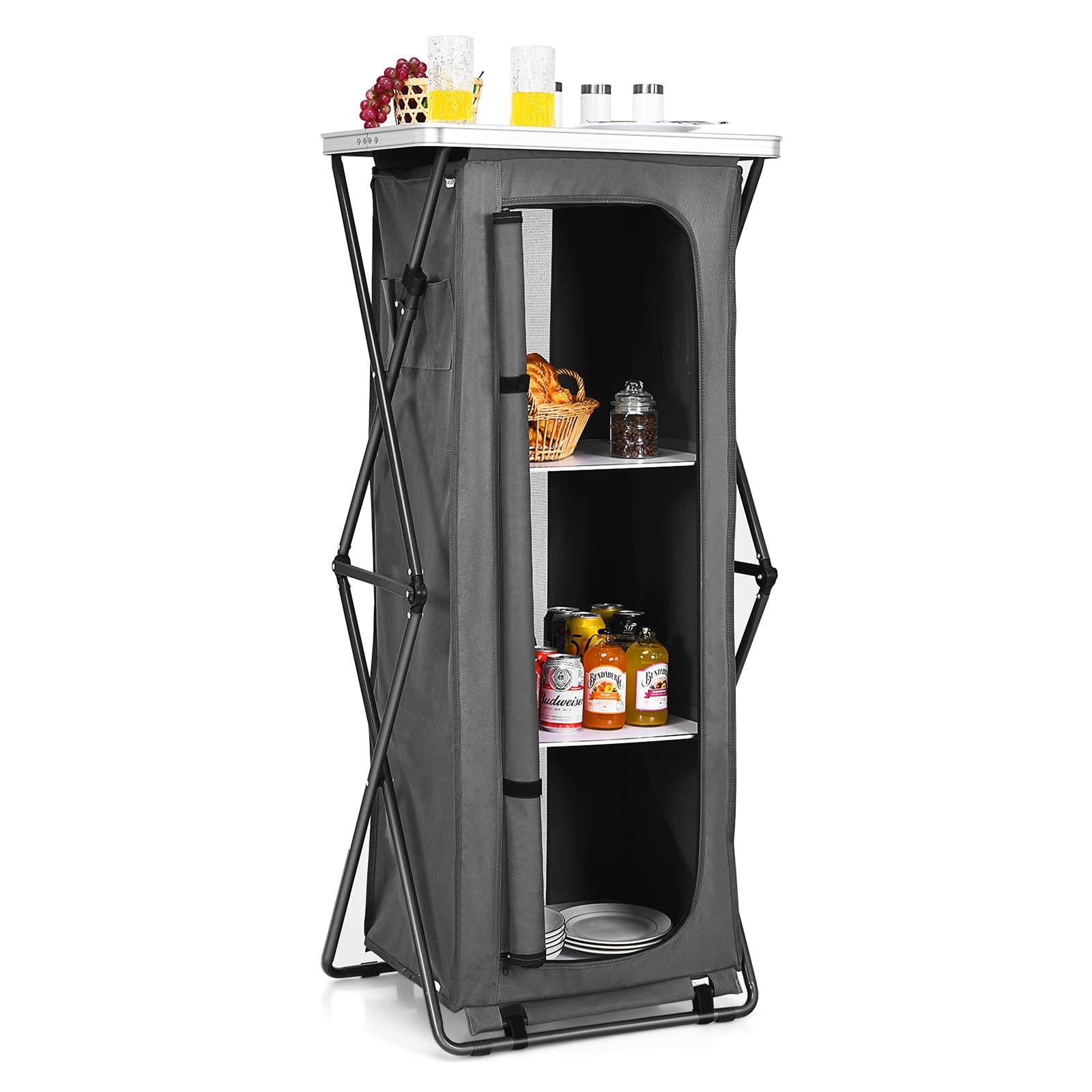 Portable Camping Storage Cabinet - 3 Tier Folding Outdoor Kitchen Organizer with Tabletop & Carry Bag - product image 1
