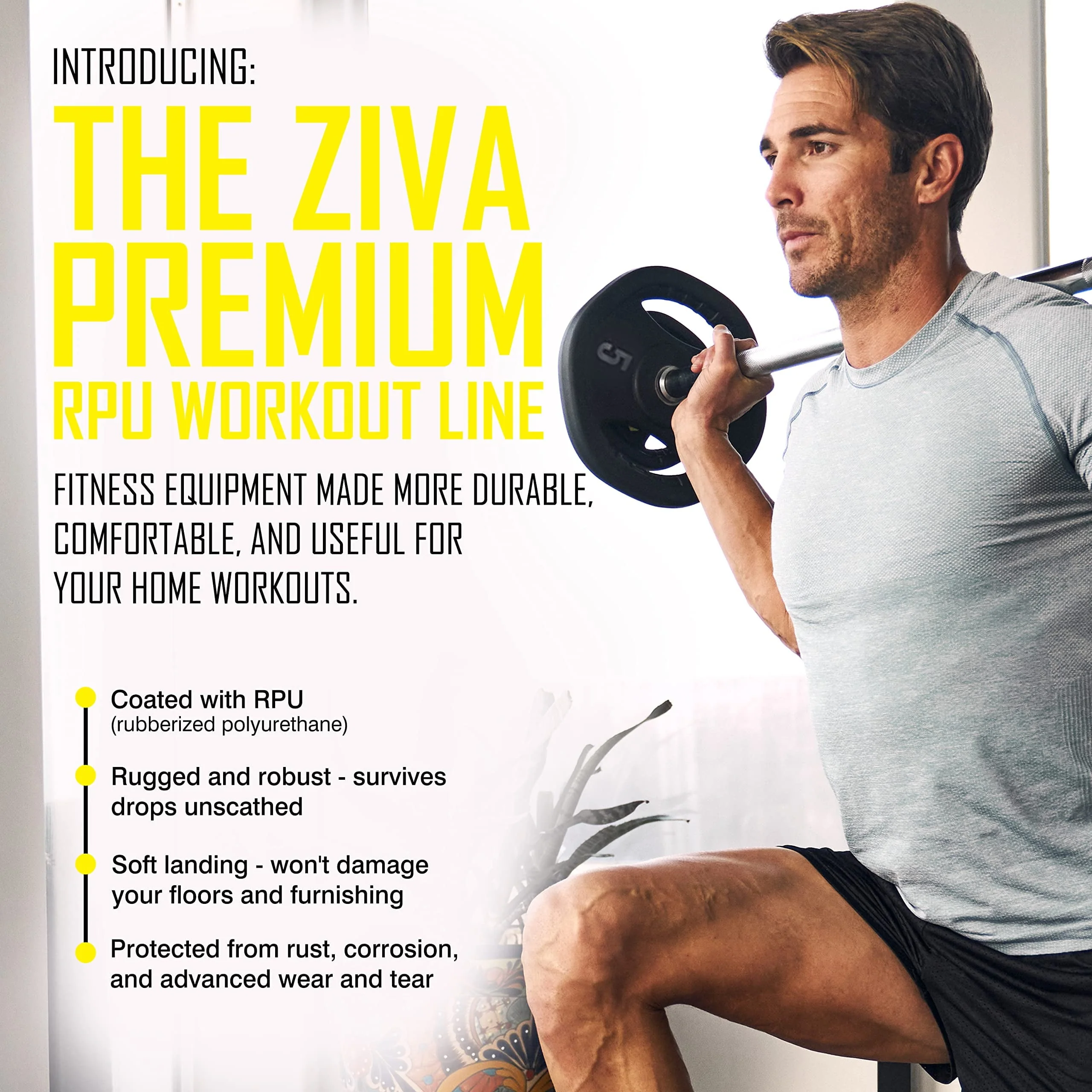 ZIVA RPU Studio Barbell Adjustable Weight Set - 6 High Grade RPU Coated Grip Plates (2 x 2.5lb, 2 x 5lb, 2 x 10lb) 1.18" D Steel Chrome Bar (55L x - image 3