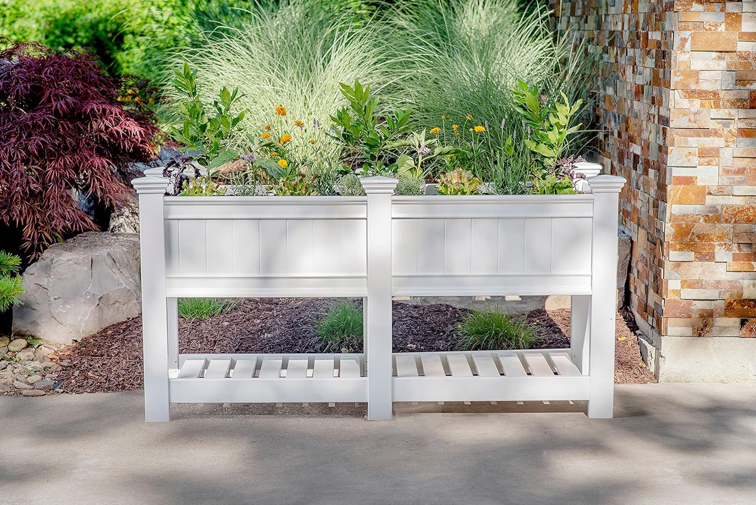 White Vinyl Raised Garden Bed Planter Box - Paintable Outdoor Herb & Flower Planter with Storage Shelf - product image 2