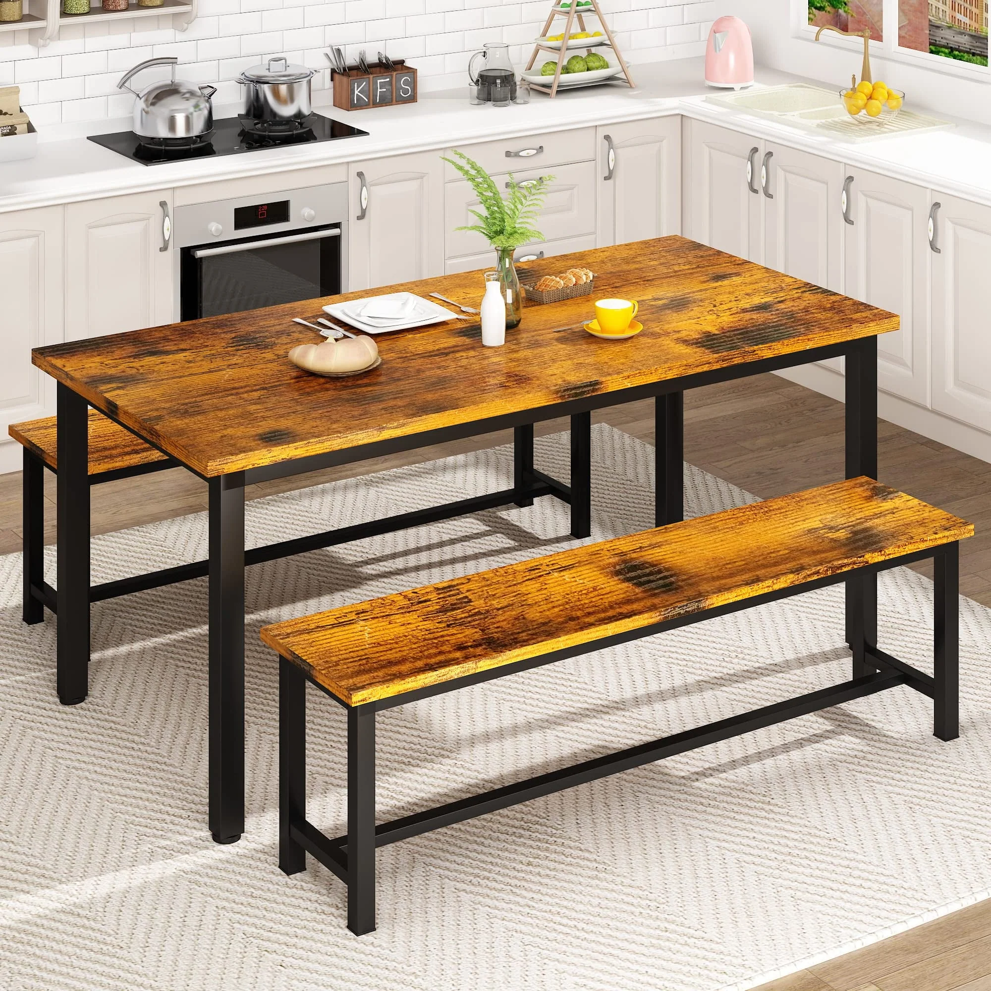 AWQM Dining Table Set with Two Benches, Kitchen Table Set for 4-6 Persons, Kitchen Table of 43.4 x 23.7 x 28.6 Inches, Bench of 38.6 x 11.9 x 17.6 - image 1