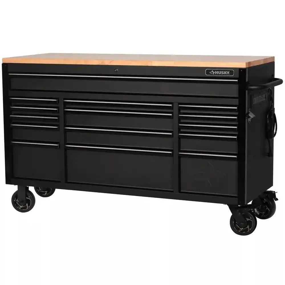 61 Inch 15 Drawer Mobile Workbench - Heavy Duty Steel Tool Cabinet with Wood Top and Power Strip - product image 1