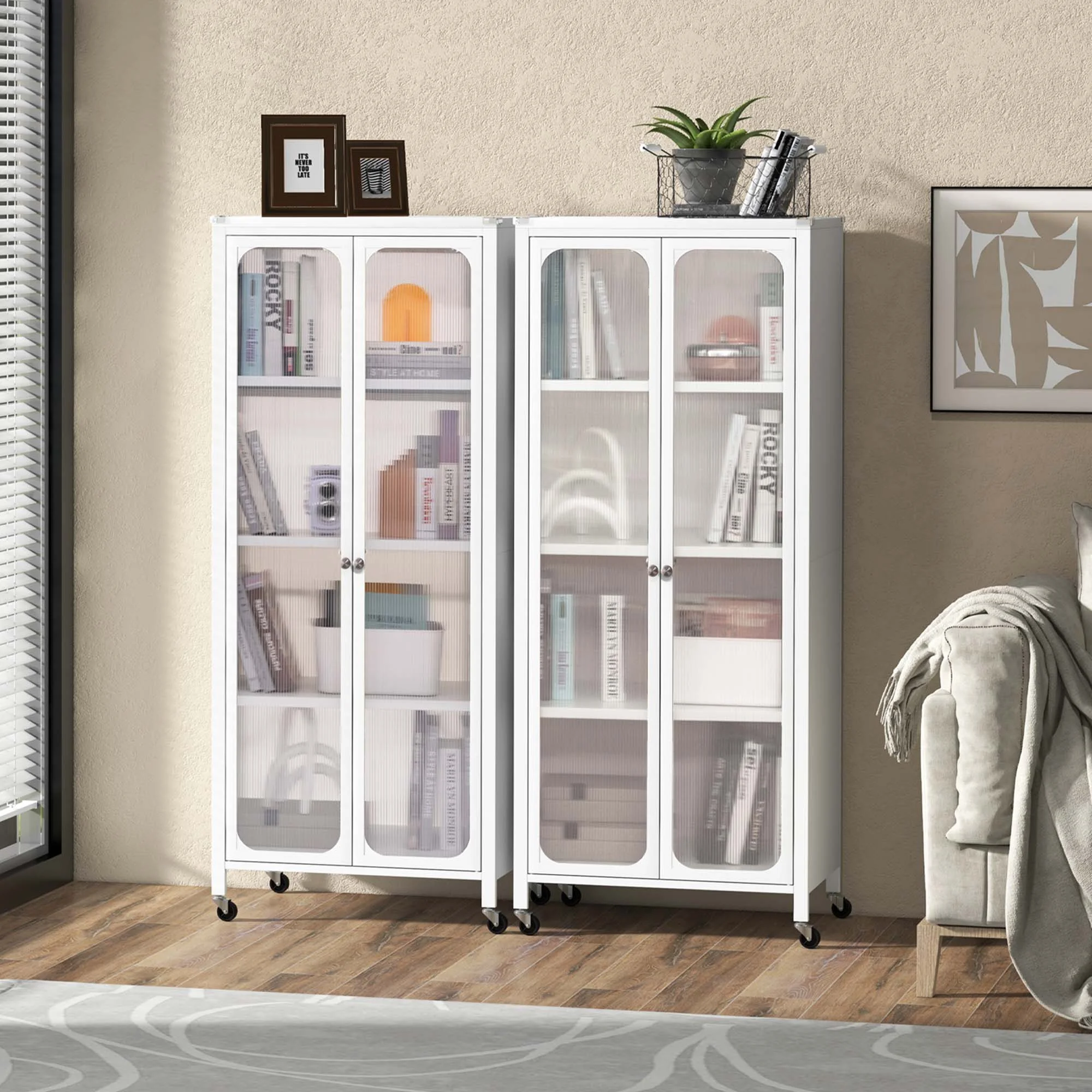 Costway Storage Cabinet with Wheels & 2 Translucent Doors Adjustable Shelves Sideboard 24" x 14.5" x 58" - image 4