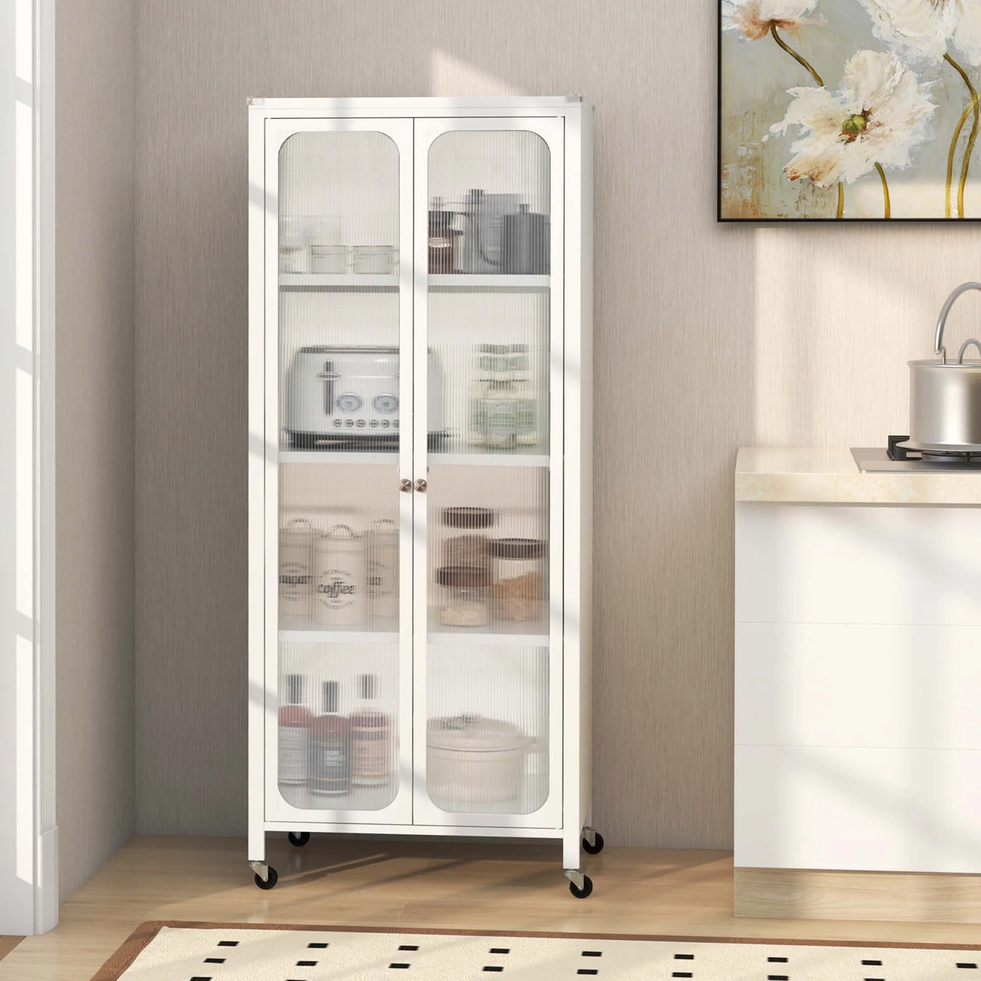 Costway Storage Cabinet with Wheels & 2 Translucent Doors Adjustable Shelves Sideboard 24" x 14.5" x 58" - image 8