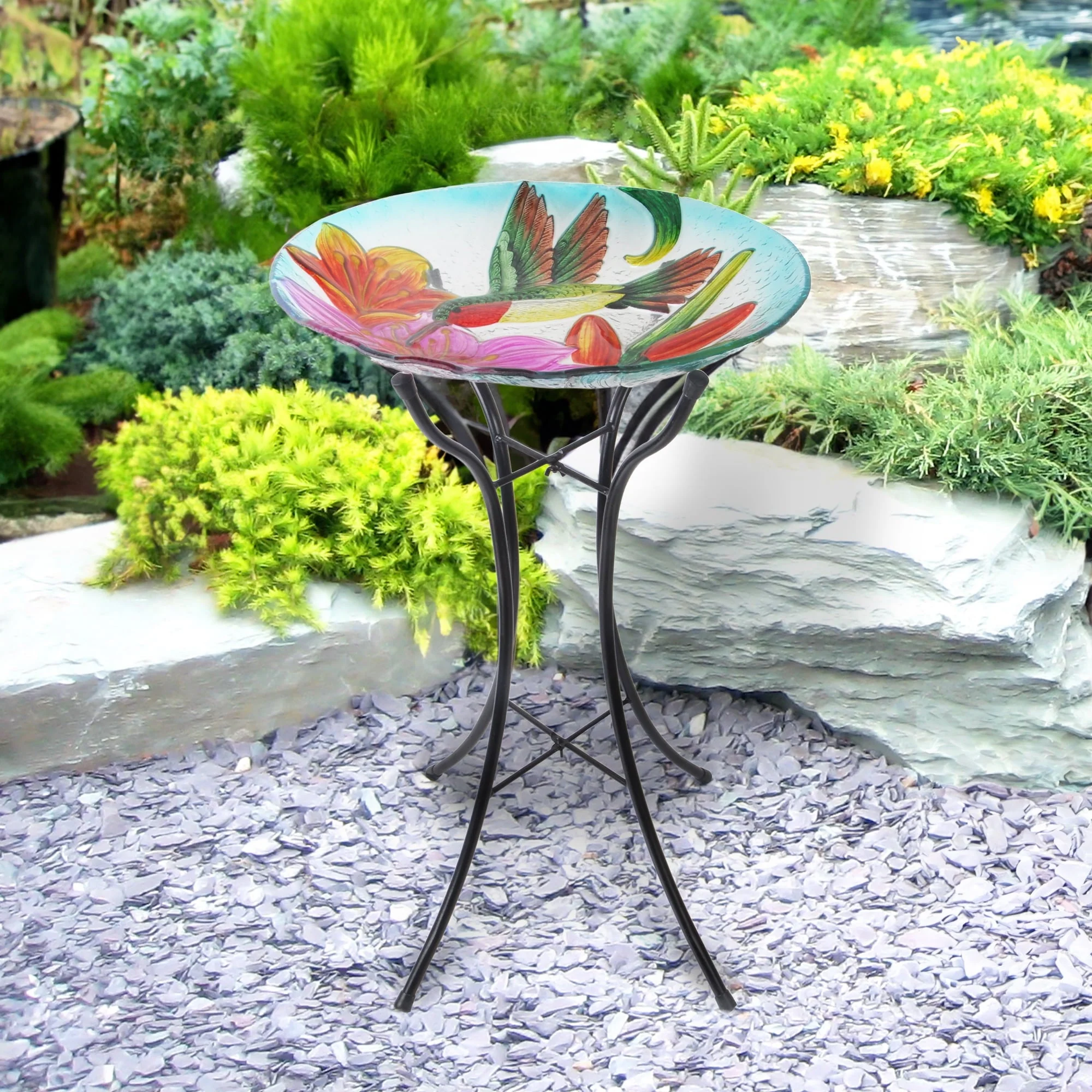 Teamson Home 18" Outdoor Glass Flower and Hummingbird Birdbath with Stand, Multicolor 45.7 x 45.7 x 53.8 - image 2