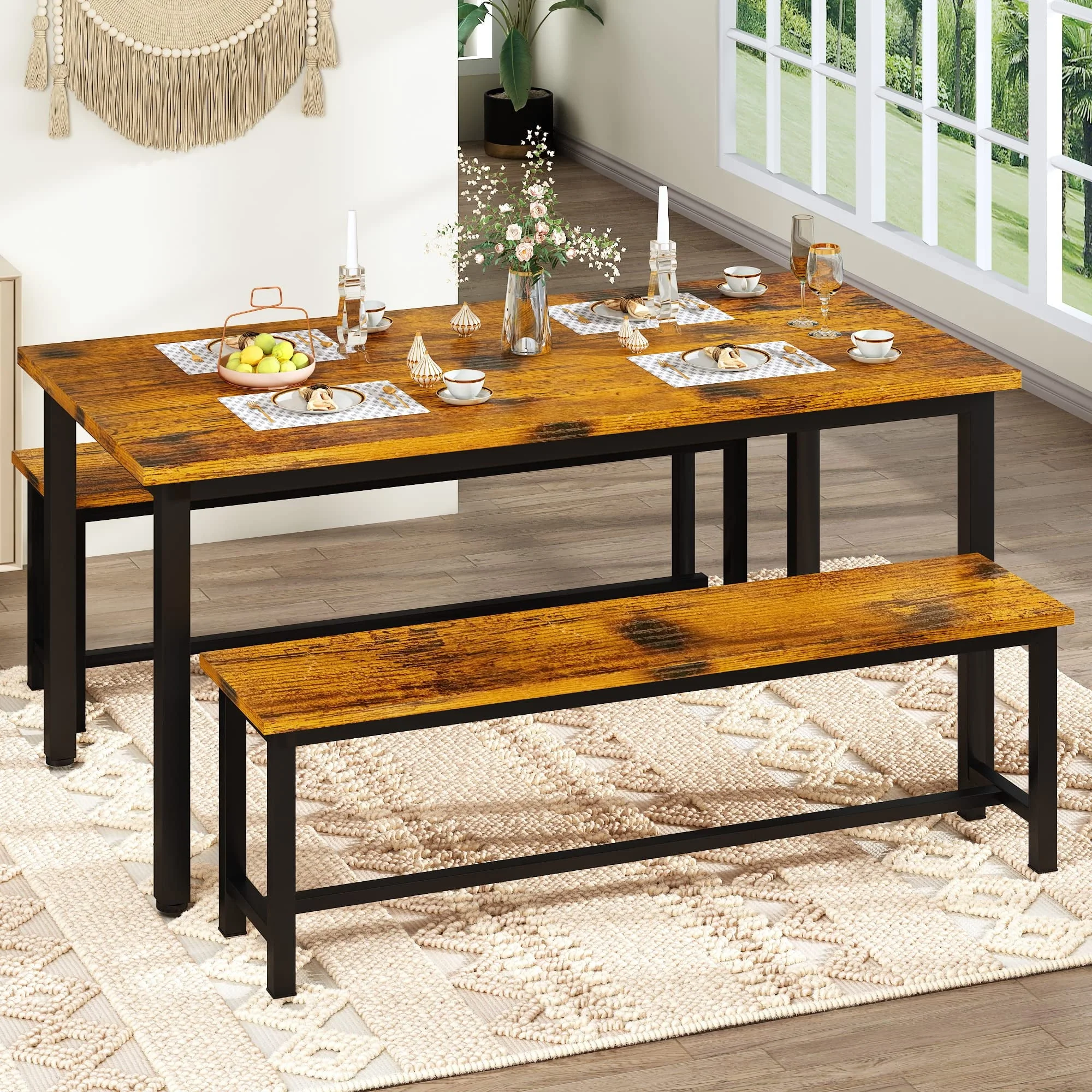 AWQM Dining Table Set with Two Benches, Kitchen Table Set for 4-6 Persons, Kitchen Table of 43.4 x 23.7 x 28.6 Inches, Bench of 38.6 x 11.9 x 17.6 - image 2