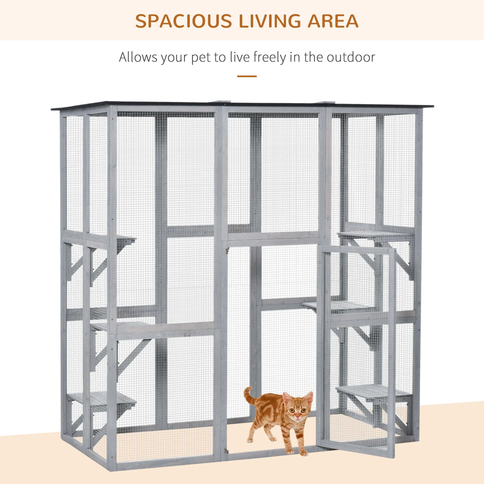PawHut Wooden Catio Enclosure with Weather Protection, 6 Platforms, Outdoor, Large, 71" x 38.5" x 71" - image 5