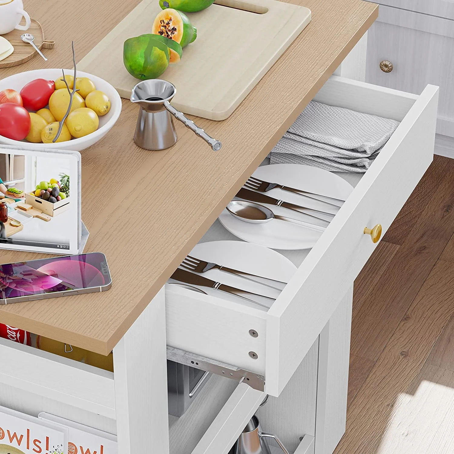 IRONCK Kitchen Island with Large Storage Space and Charging Station, 29.5"D x 39"W x 38"H, White - image 3