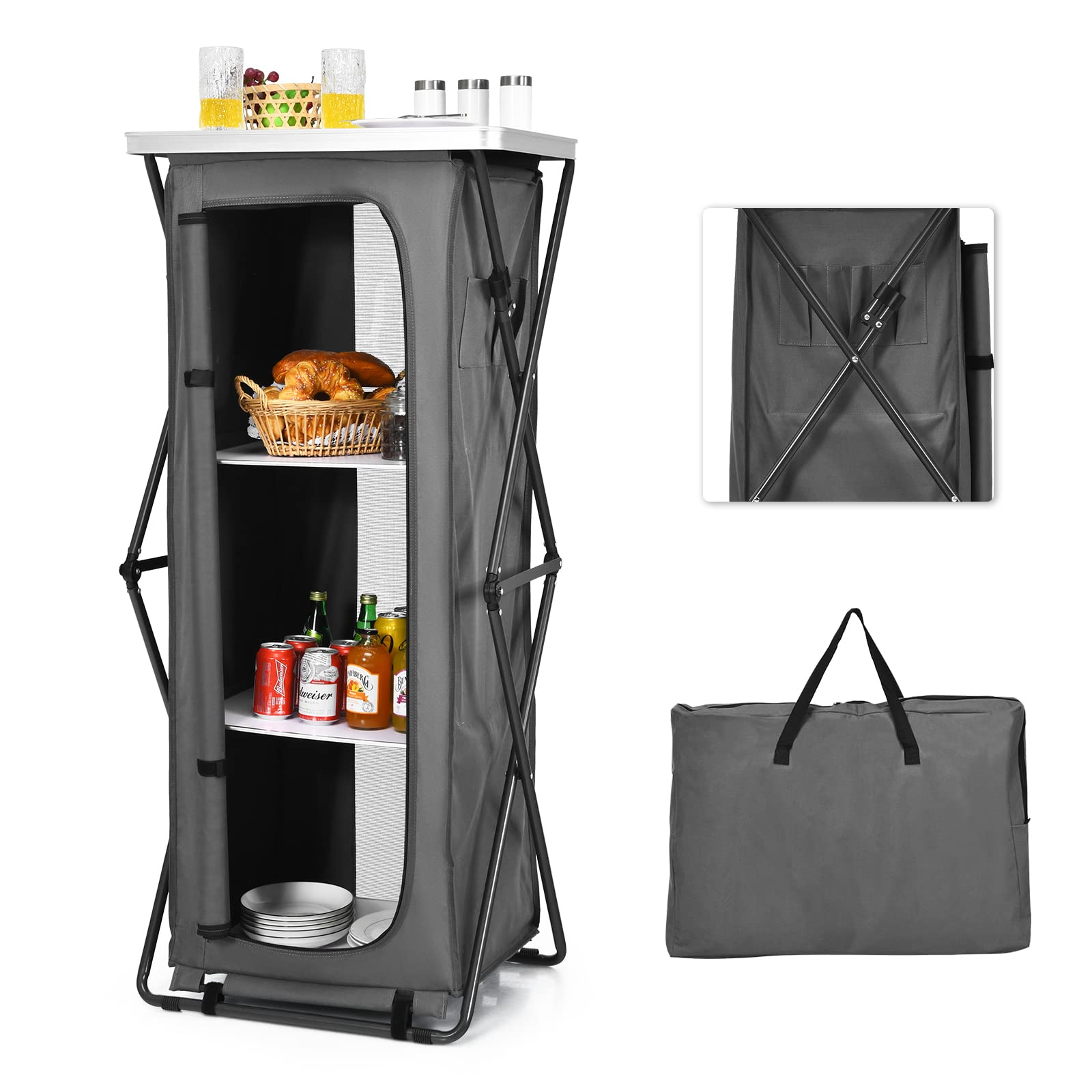 Portable Camping Storage Cabinet - 3 Tier Folding Outdoor Kitchen Organizer with Tabletop & Carry Bag - product image 2