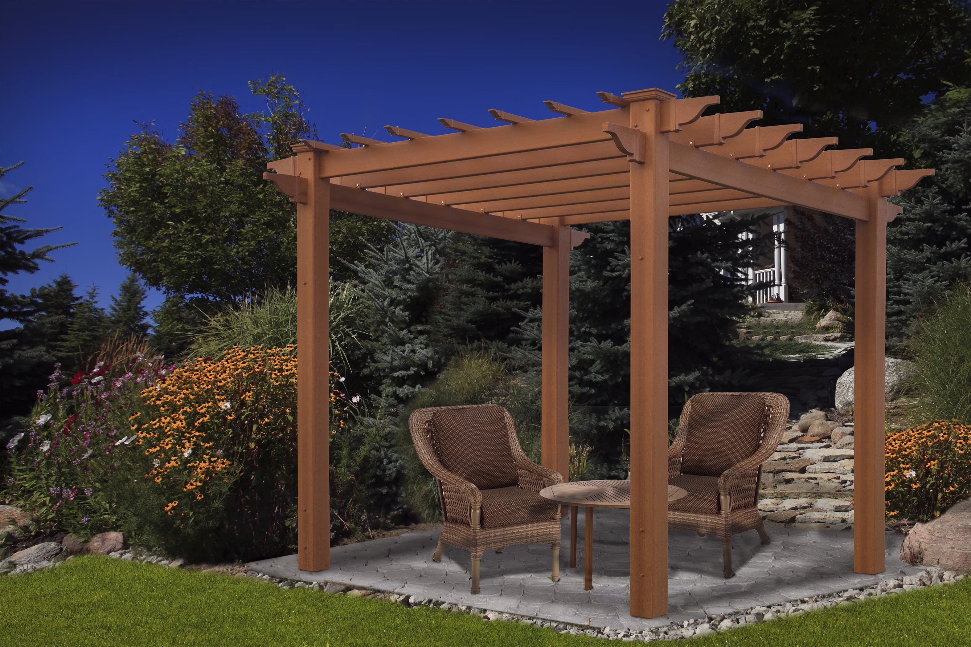 Vita 88"L x 88"W x 95"H Embossed Vinyl Lakewood Pergola, Brown, VA84044 - image 1