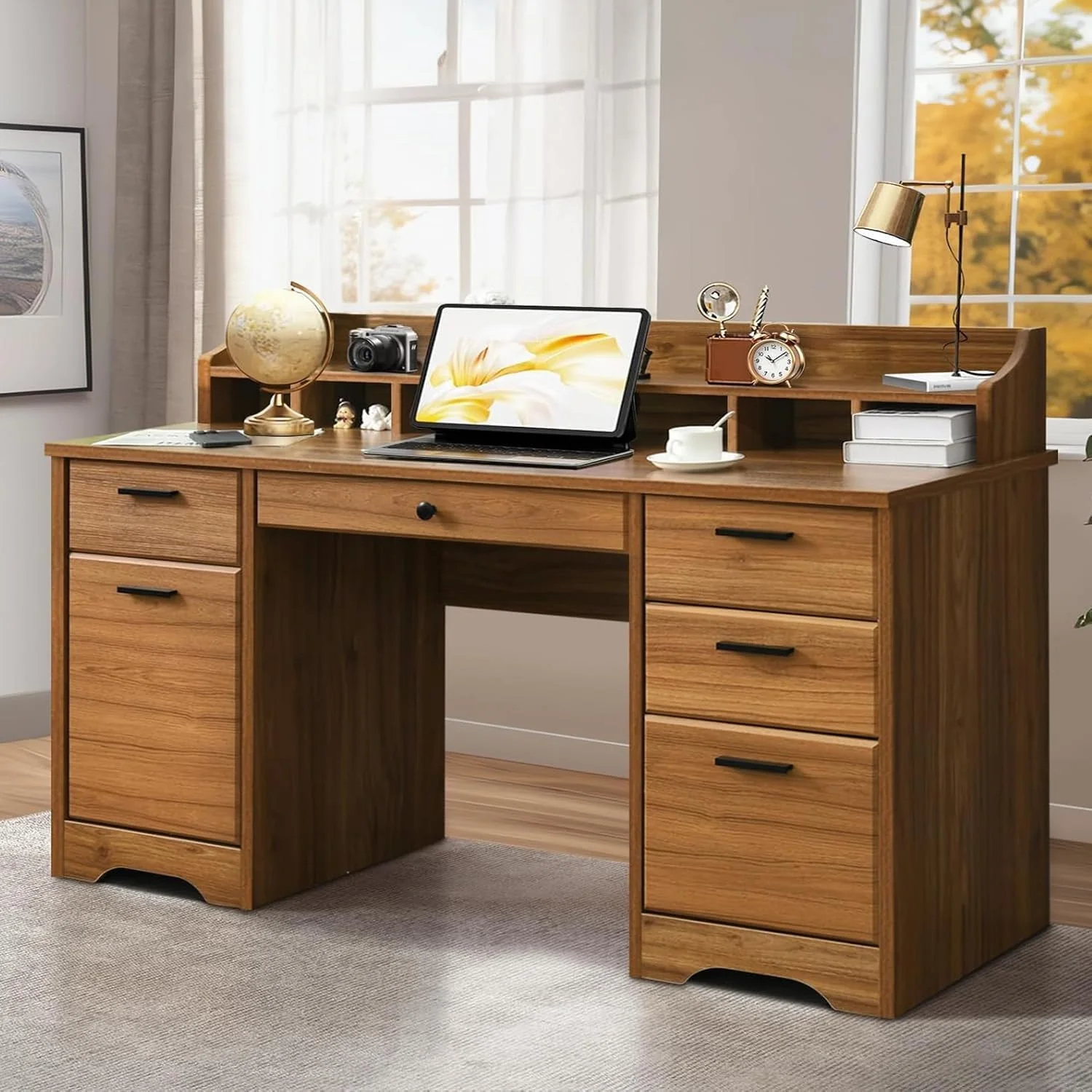 58 Inch Executive Desk with Drawers, Wood Office Desk with Hutch, Storage Cabinet and File Cabinet, Vintage Brown - product image 1