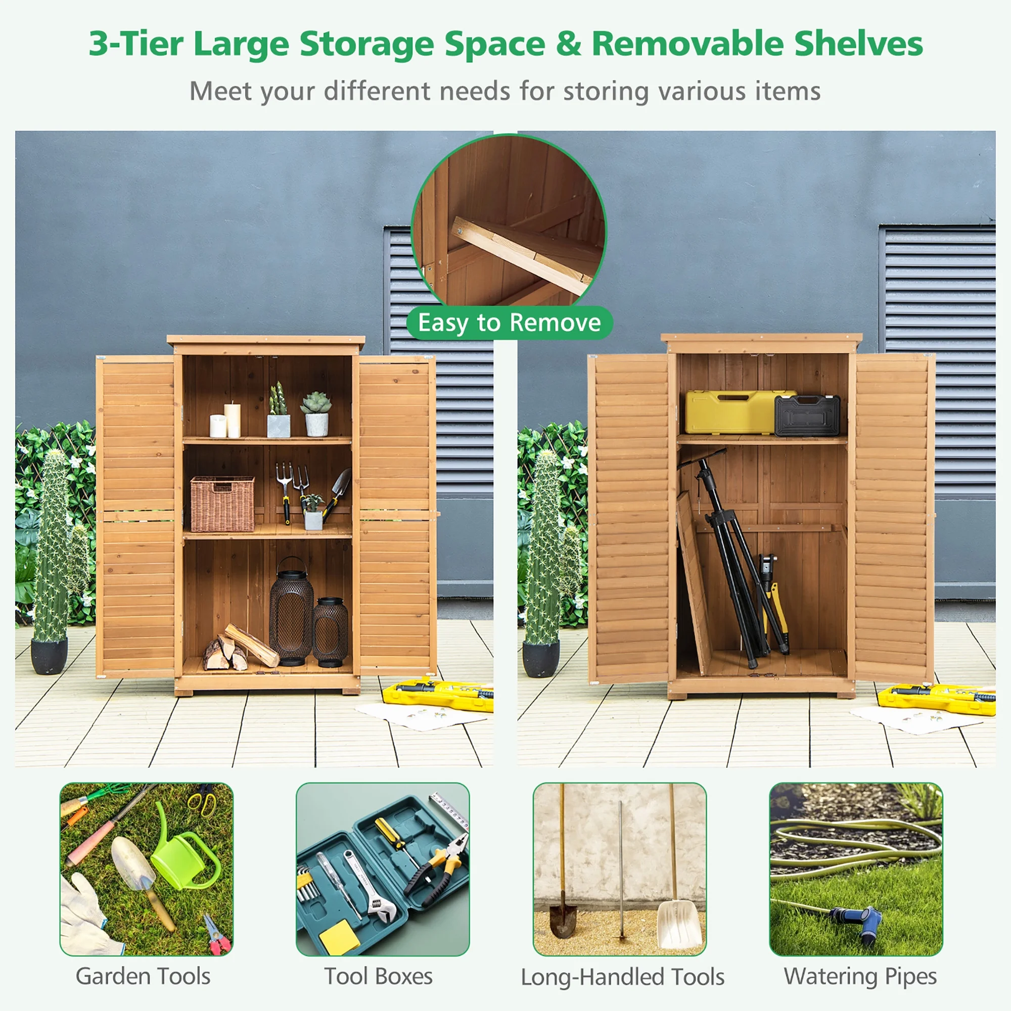 Costway Waterproof Fir Wood Storage Shed Garden, 34.5" x 16.5" x 63", Natural - image 5