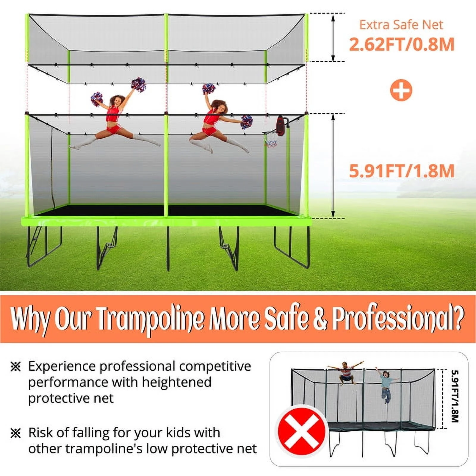 Voqoomkl Rectangle Trampoline with Basketball Hoop for Kids and Adults, Green, 204.00" x 120.00" x 141.00" - image 2