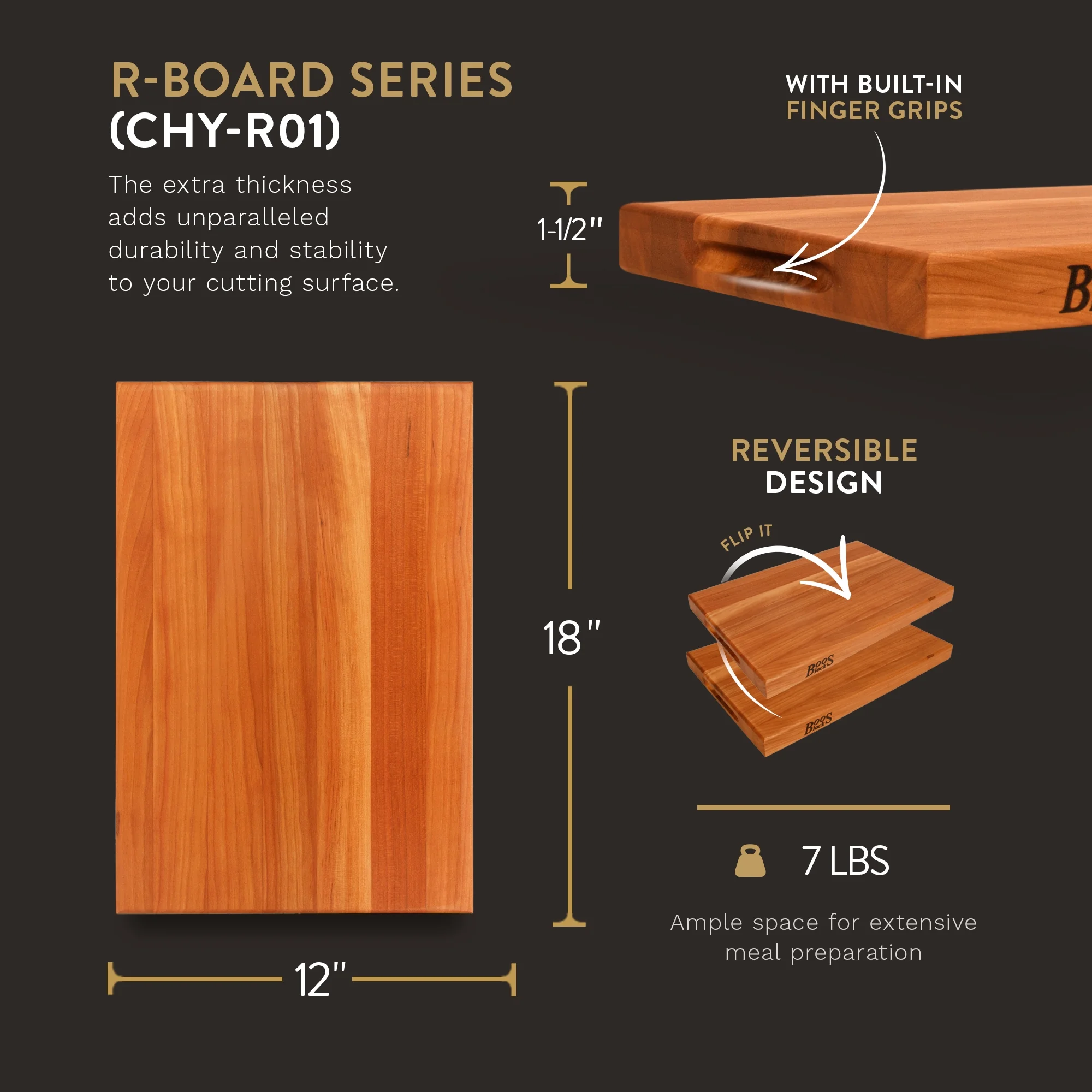 John Boos R-Board Reversible Wood Cutting Board, 18" x 12" x 1 1/2", Cherry - image 2