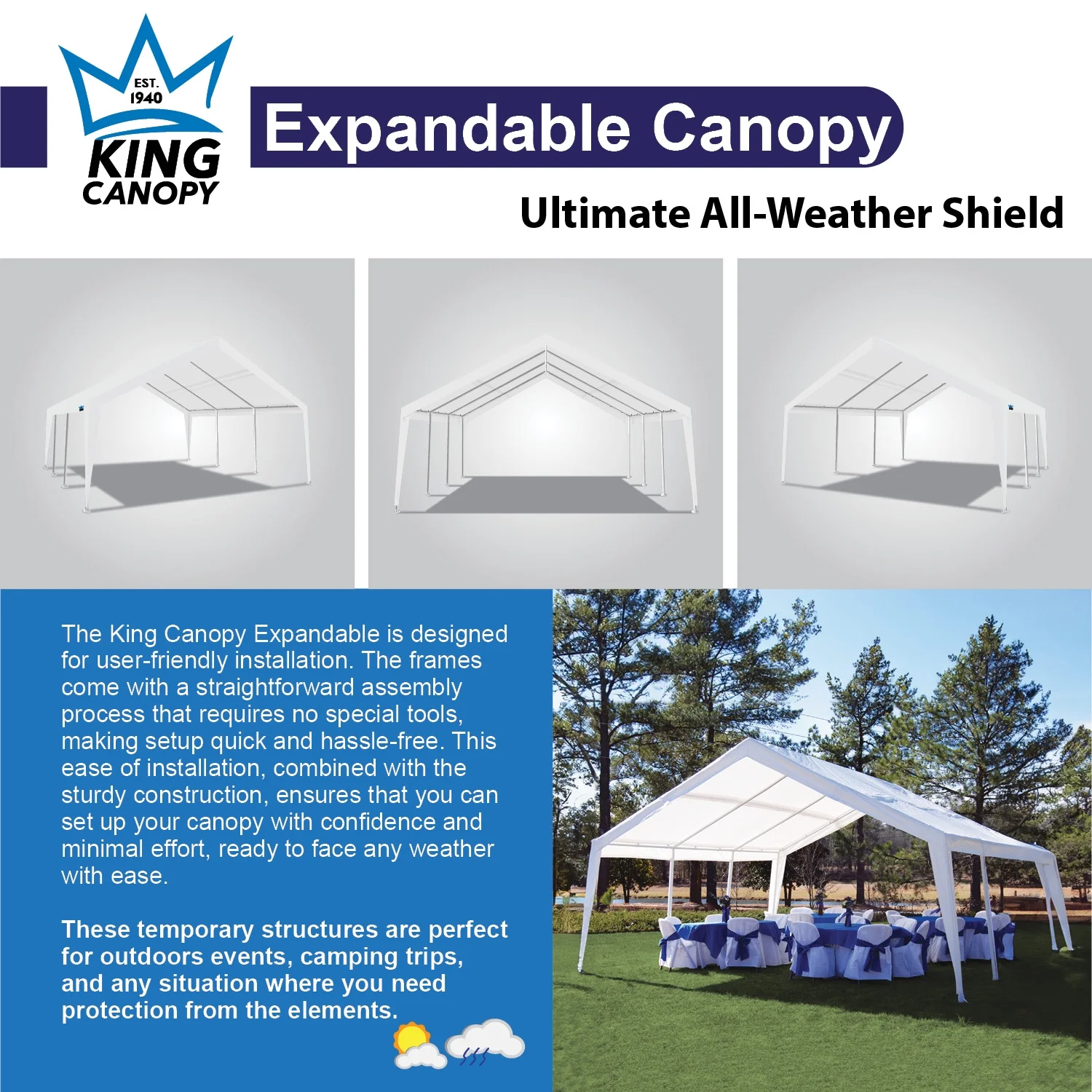 King Canopy Expandable Canopy 12' x 20' / 20' x 20', Steel Frame, 8-Leg, White - image 3