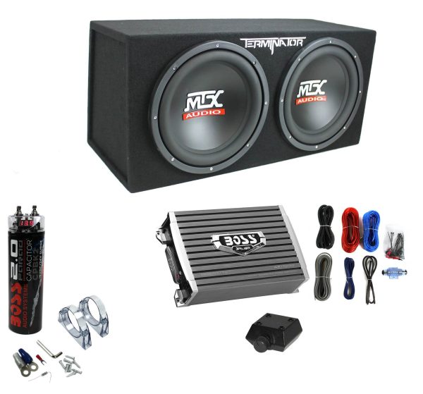 MTX Terminator Dual 12-Inch Loaded Subwoofer Enclosure with 1500W Monoblock Amplifier & 2-Farad Capacitor Kit - product image 1