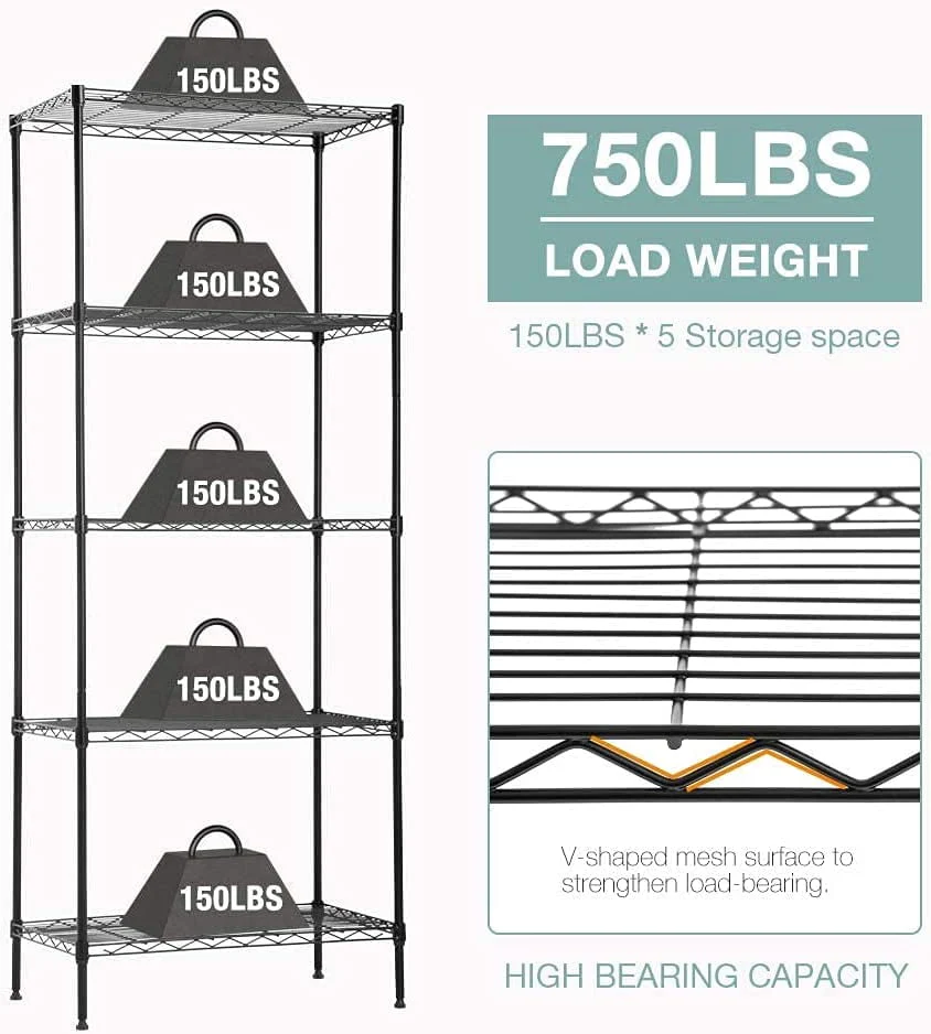 Vebreda 5-Tier Wire Shelving Unit, 21.7"L x 11.8"W x 59.1"H, Black - image 6