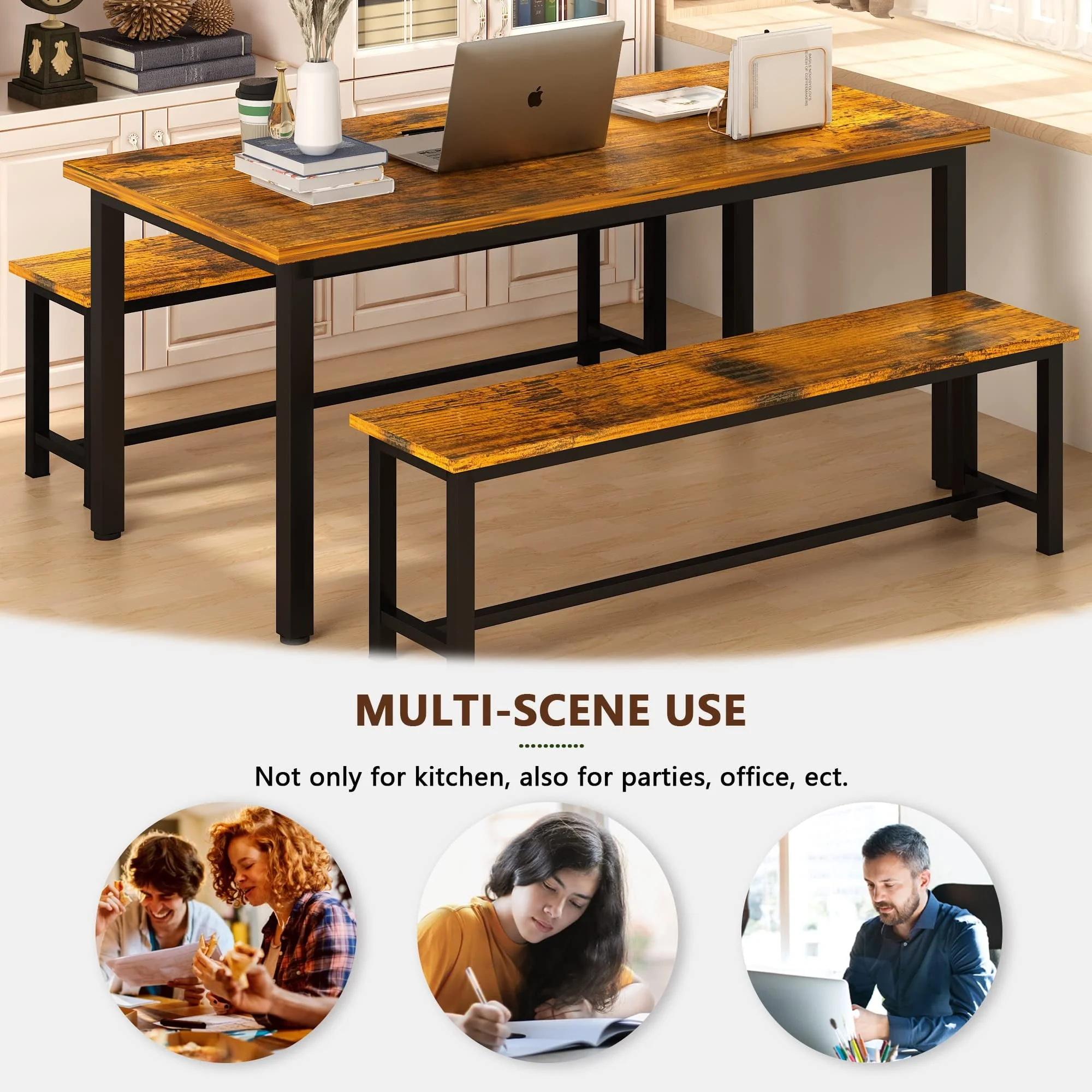 AWQM Dining Table Set with Two Benches, Kitchen Table Set for 4-6 Persons, Kitchen Table of 43.4 x 23.7 x 28.6 Inches, Bench of 38.6 x 11.9 x 17.6 - image 3