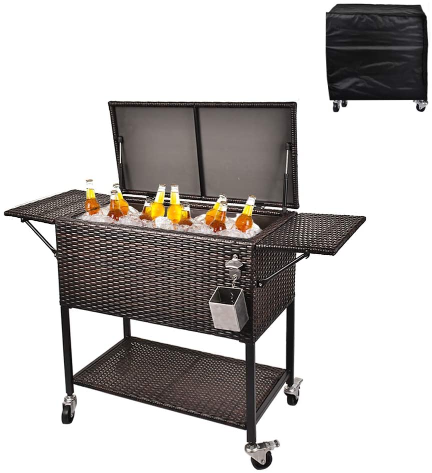 80 Quart Rolling Cooler Cart - Wicker Outdoor Ice Chest with Insulated Storage, Wheels and Bottle Opener - product image 2