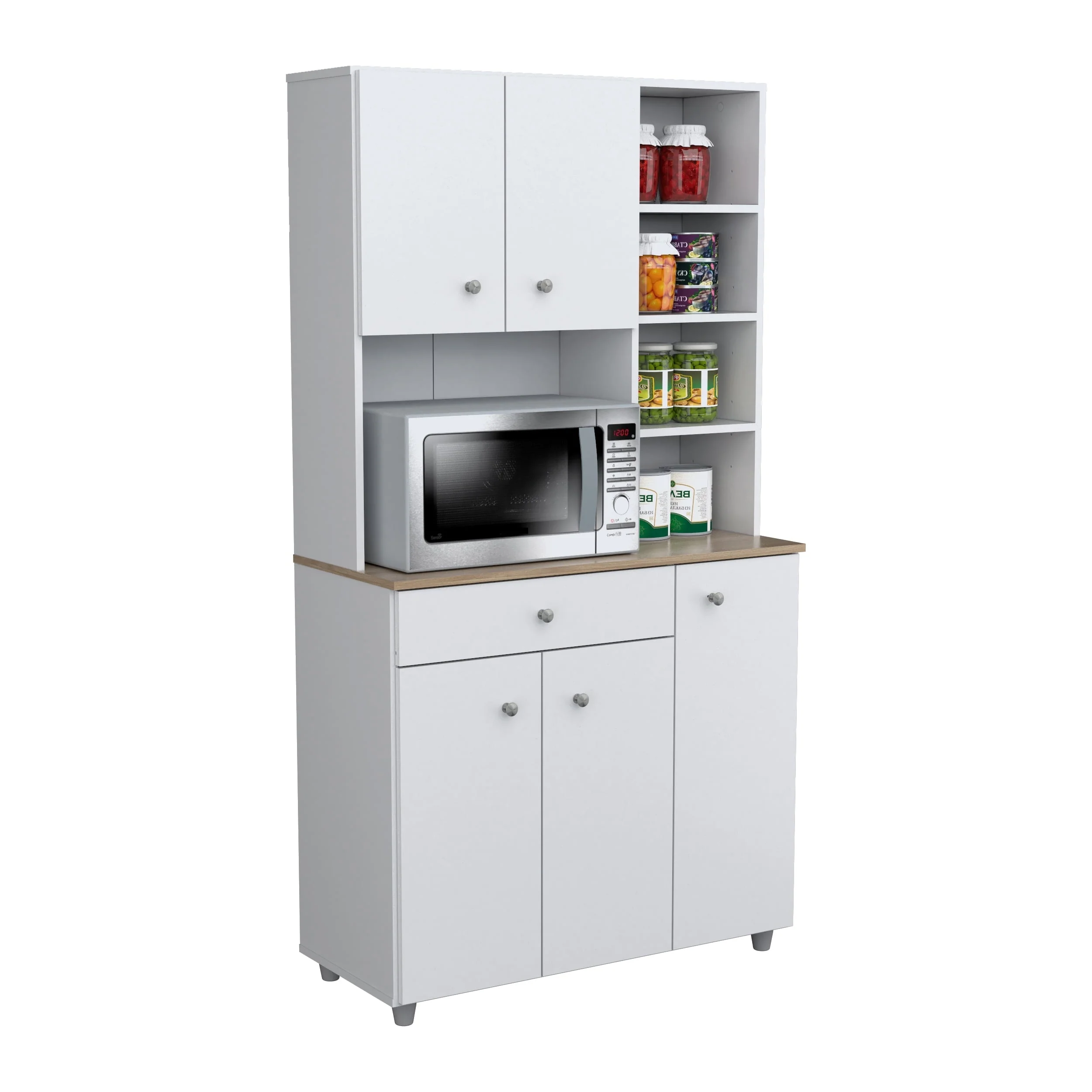 Inval 10-Shelf Kitchen Microwave Storage Cabinet (35 x 66 x 16), White/Maple - image 1