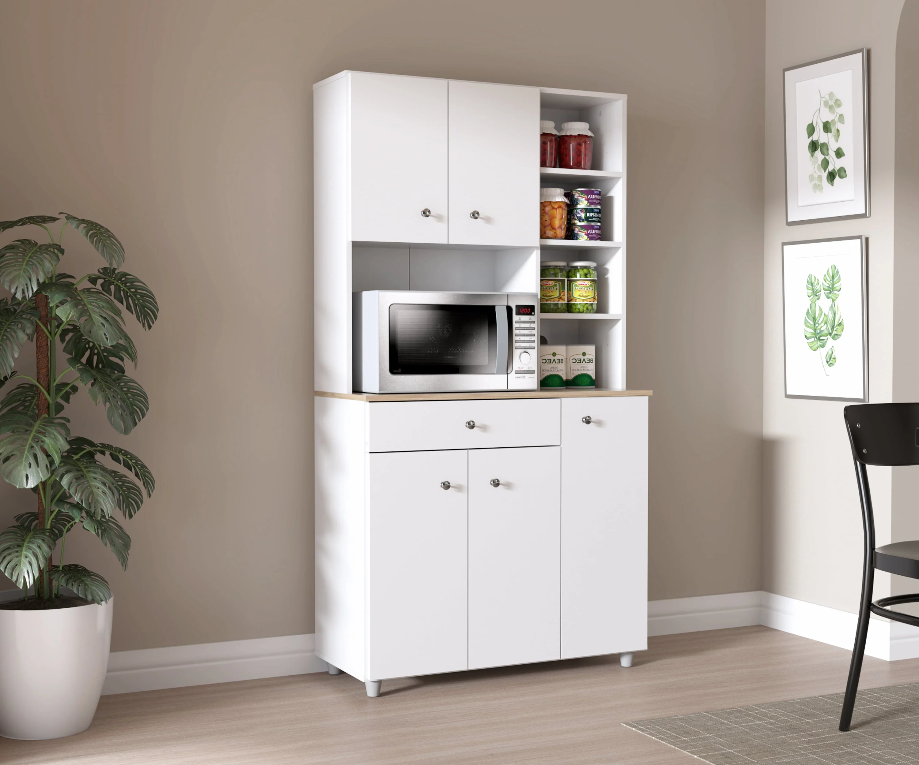 Inval 10-Shelf Kitchen Microwave Storage Cabinet (35 x 66 x 16), White/Maple - image 2