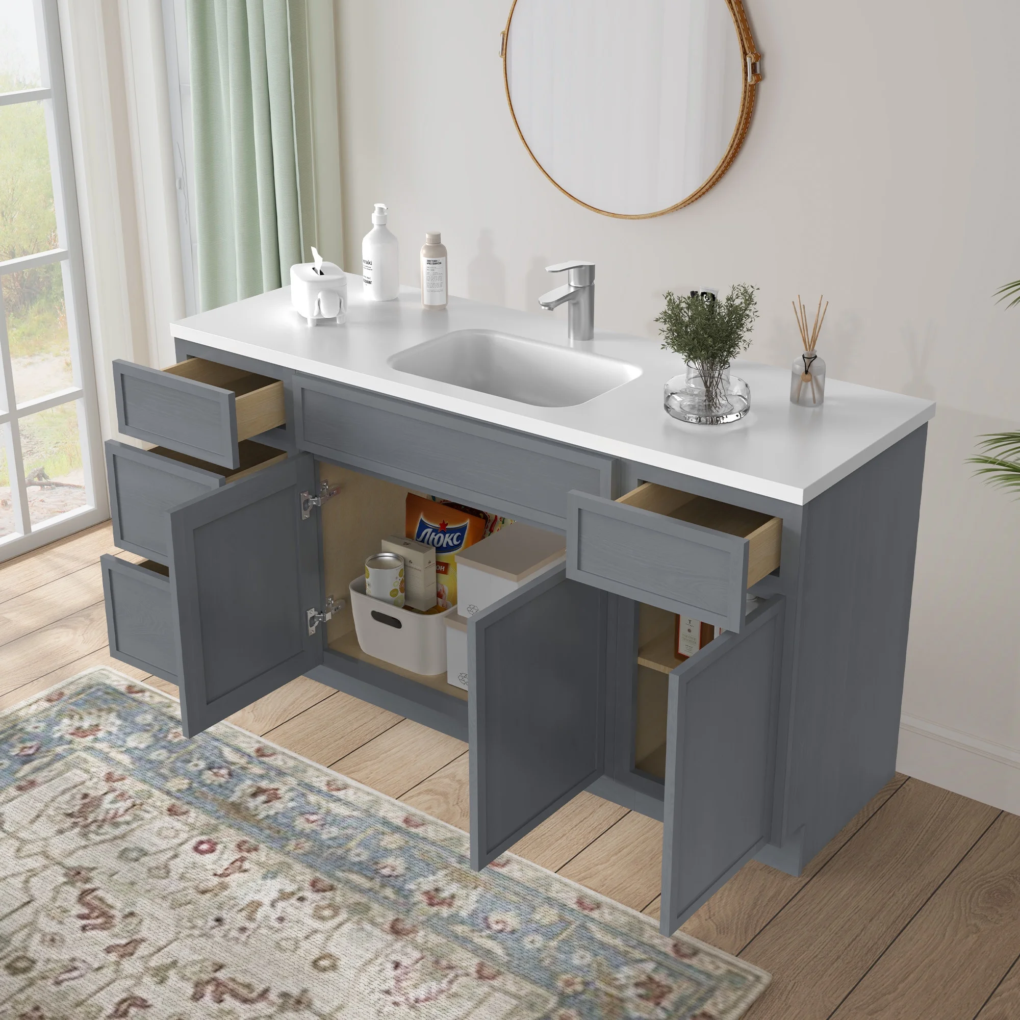 60 in. W x 21 in. D x 32.5 in. H Freestanding Bathroom Vanity Cabinet without Top in Smoky Gray - image 5