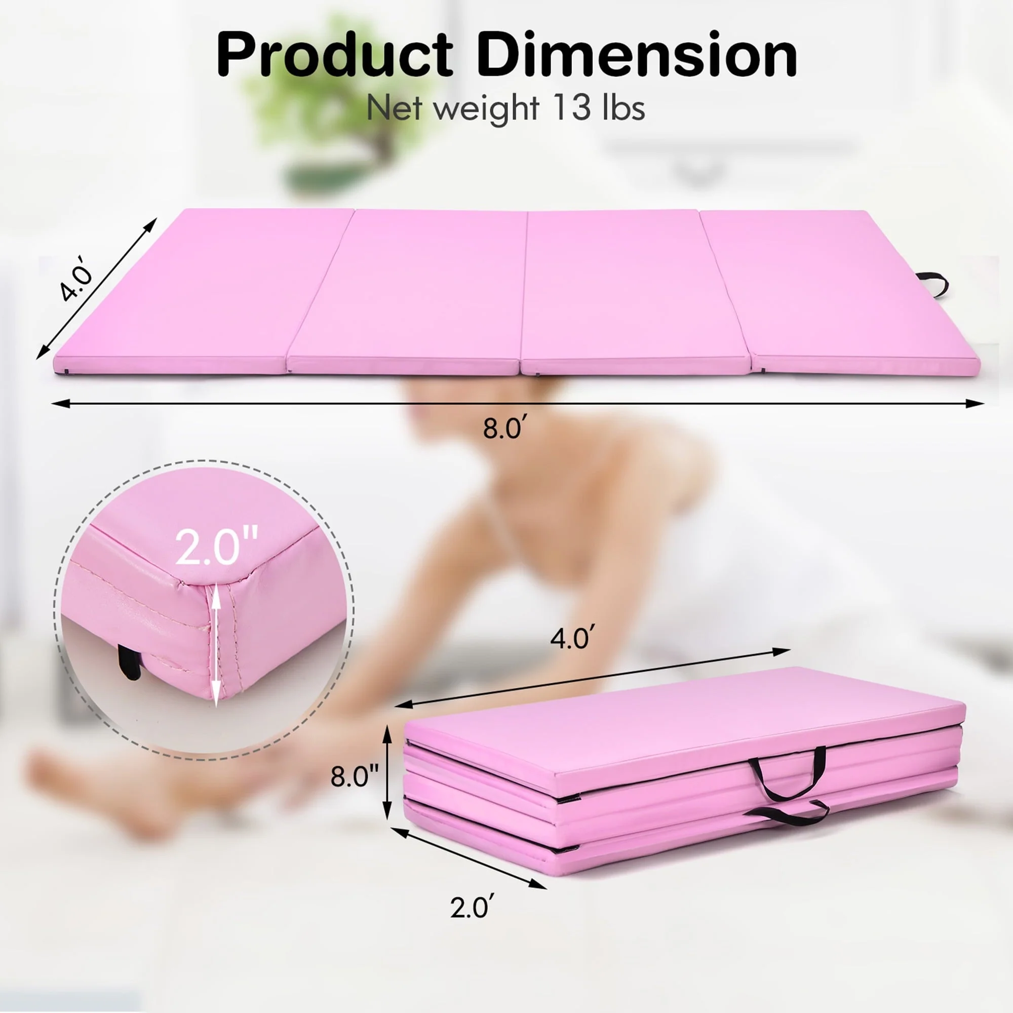 Gymax 8' x 4' x 2'' Folding Gymnastics Tumbling Mat Thickened Exercise Mat Pink - image 2