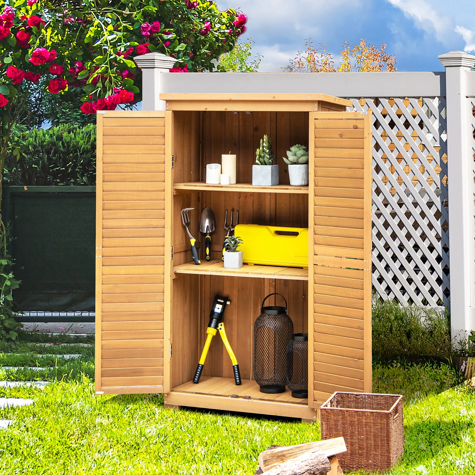 Costway Waterproof Fir Wood Storage Shed Garden, 34.5" x 16.5" x 63", Natural - image 2