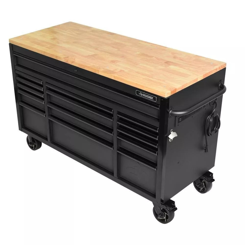 61 Inch 15 Drawer Mobile Workbench - Heavy Duty Steel Tool Cabinet with Wood Top and Power Strip - product image 5