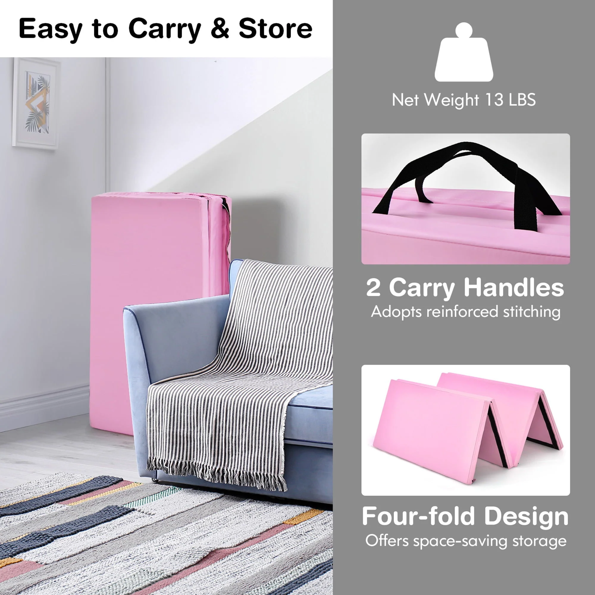 Gymax 8' x 4' x 2'' Folding Gymnastics Tumbling Mat Thickened Exercise Mat Pink - image 7