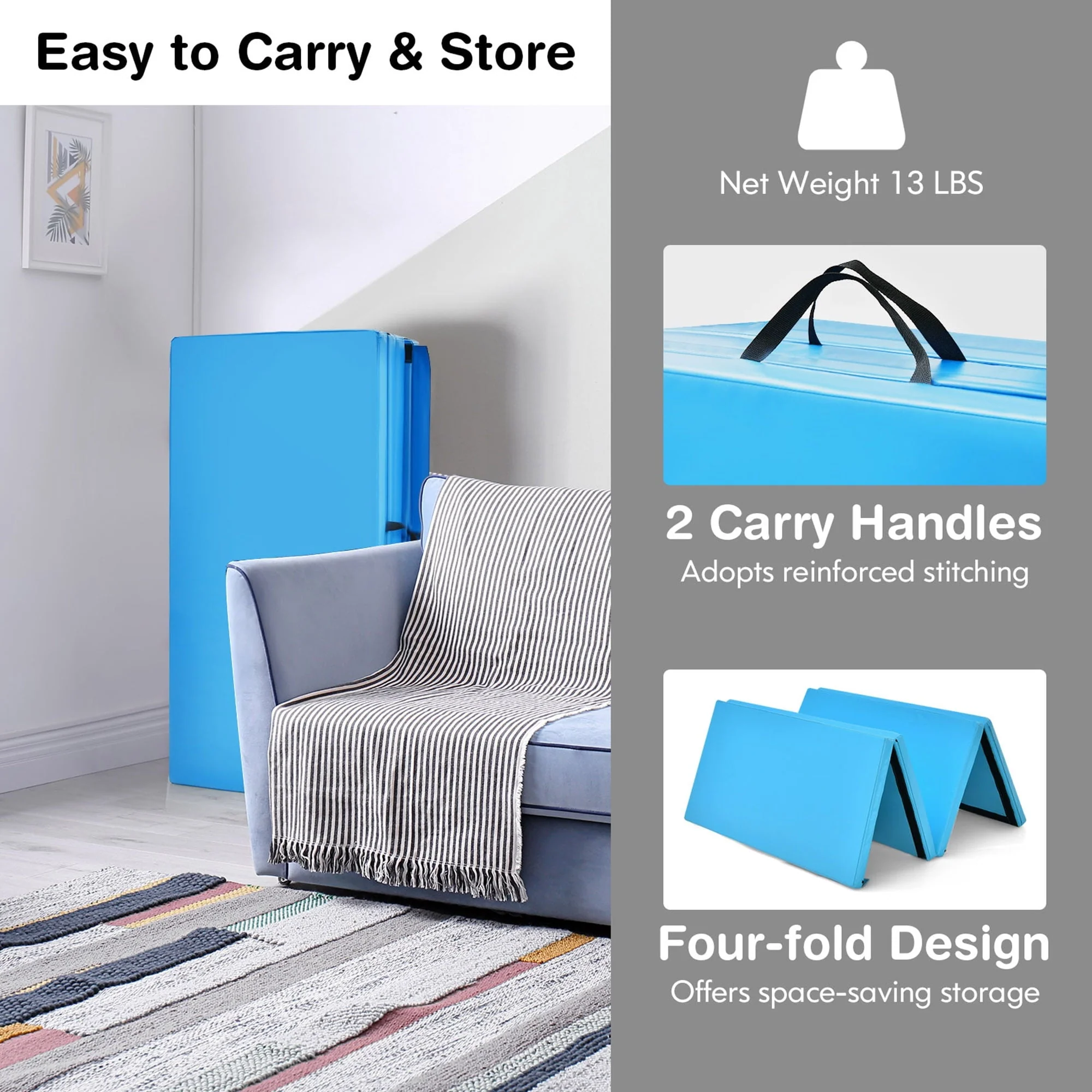 Gymax 8' x 4' x 2'' Folding Gymnastics Tumbling Mat Thickened Exercise Mat Blue - image 7
